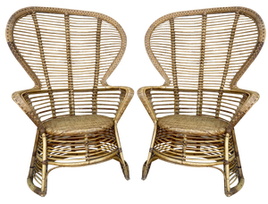 Set of Spanish High Back Armchair in Bamboo Wicker, 1970s