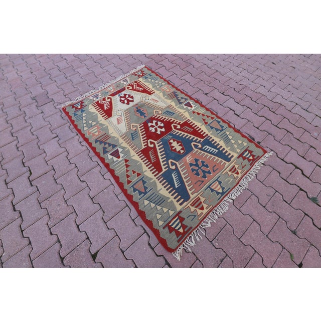 1990s Scandinavian Red Geometric Kelim Rug Size: 3.7 x 5.3 ft ( 110 x 162 cm) 43 x 63 inches Color: Organic Natural Dye (...