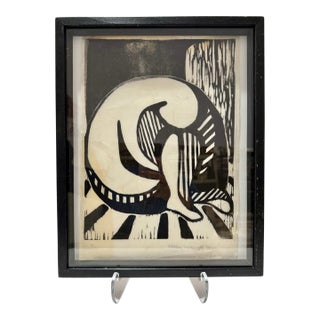 Original Woodblock Print 1/10 Signed 1972 Abstract Modernist Black White Framed For Sale