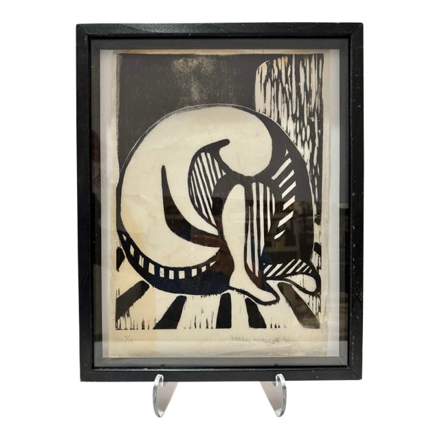 Original Woodblock Print 1/10 Signed 1972 Abstract Modernist Black White Framed For Sale