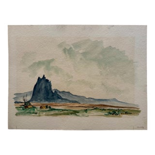 Henry Emil Salloch Original Watercolor on Paper Desert Plain With Shiprock Mesa, 1955. For Sale
