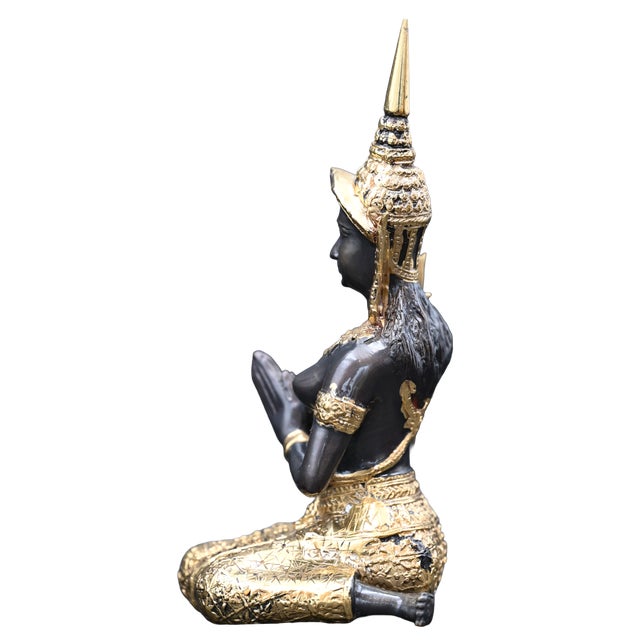 Traditional Mid 20th Century Antique Thai Teppanom Temple Guardian, 24k Gold Over Bronze Kneeling Angel Statue For Sale - Image 3 of 9