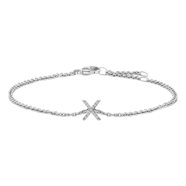 10K White Gold Diamond Accent "X" Initial Charm and Link Bracelet For Sale