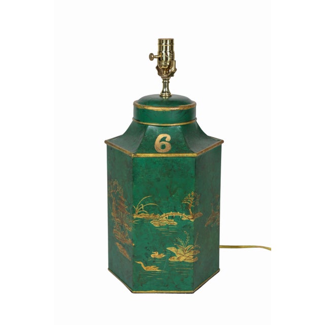 Vintage English Export Chinoiserie Hexagonal Tea Caddy Hand-Painted Landscape Table Lamp For Sale - Image 4 of 6