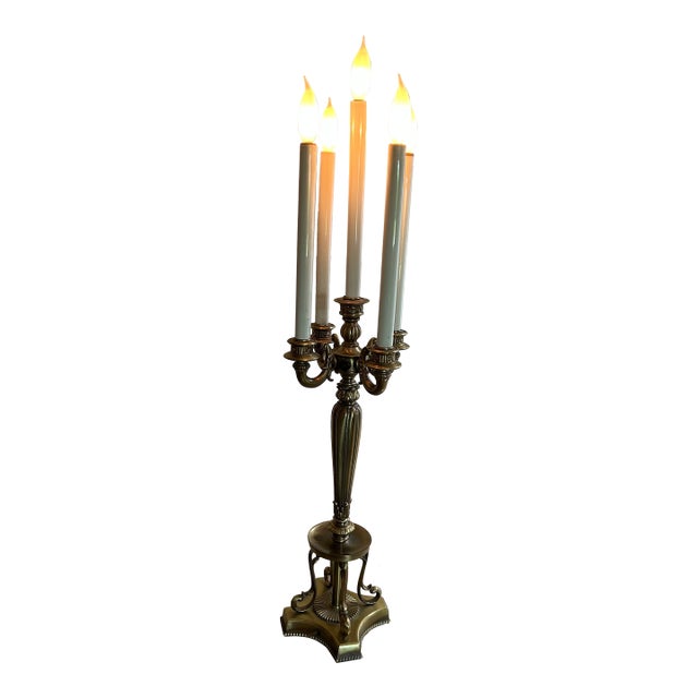 Vintage Large Brass Electric 5 Candle Light Candleabra Table Lamp 34" For Sale