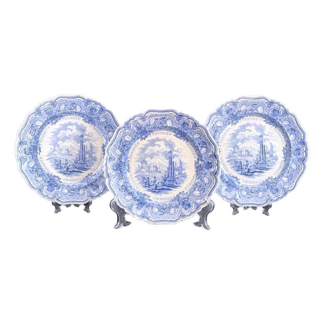 Blue Acropolis Transferware Plates, Set of 3, England, 9.4in, Set of 3 For Sale