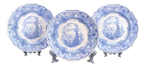 Blue Acropolis Transferware Plates, Set of 3, England, 9.4in, Set of 3