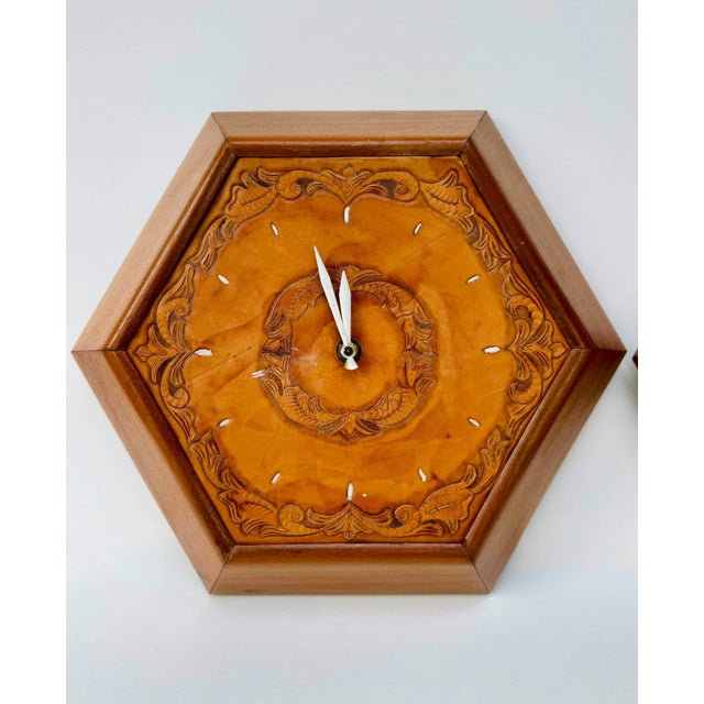Mid-Century Modern 1960's Hexagon Wood & Tooled Leather Wall Clocks – Working Pair For Sale - Image 3 of 16