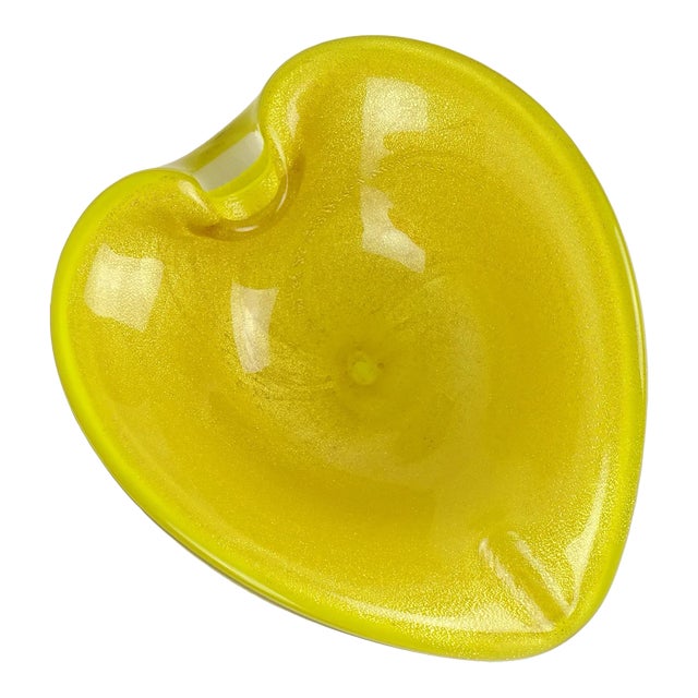 Vintage Murano Bright Golden Yellow Gold Flecks Italian Art Glass Heart Shape Bowl Ashtray For Sale