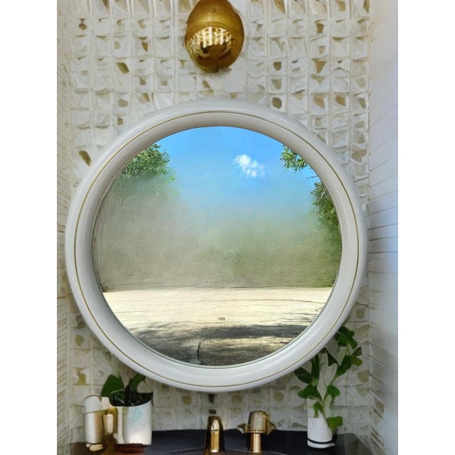 Lane Furniture Post Modern Lane White & Gold Circular Vanity Bathroom Mirror, VTG Wall Hanging Mirror For Sale - Image 4 of 10