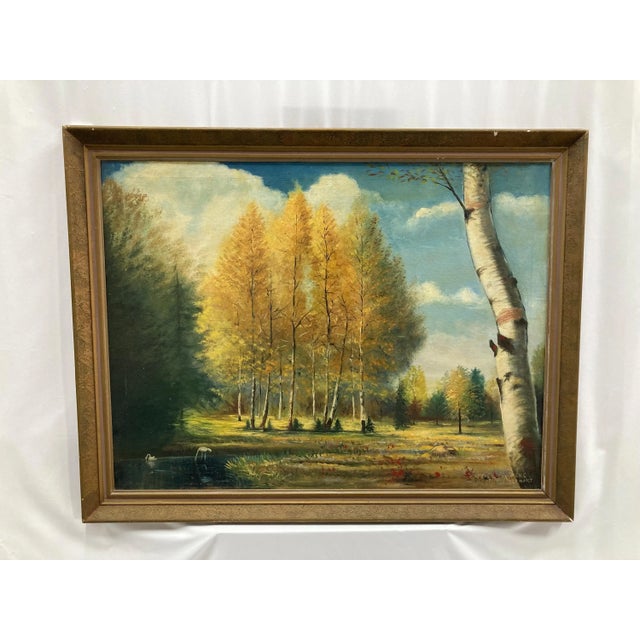 1950s Vintage Autumn Landscape Oil Painting by Elmer Stewart – Framed Mid-Century Forest Scene With Swans For Sale In Orlando - Image 6 of 10