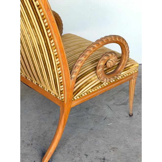 Brown Pair French Modern Carved Feather Scroll Arm Lounge Chairs, Style Maison Jansen For Sale - Image 8 of 18