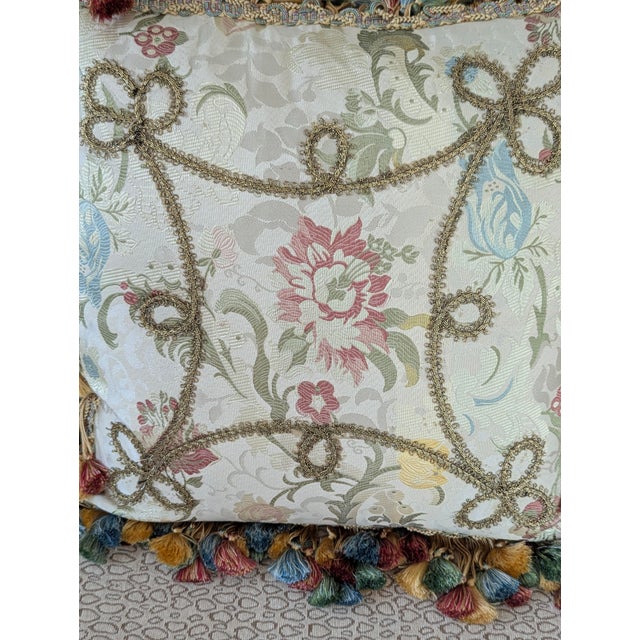 Textile Custom Scalamandre Silk Floral Throw Pillows With Cord Work and Tassel Fringe For Sale - Image 7 of 13