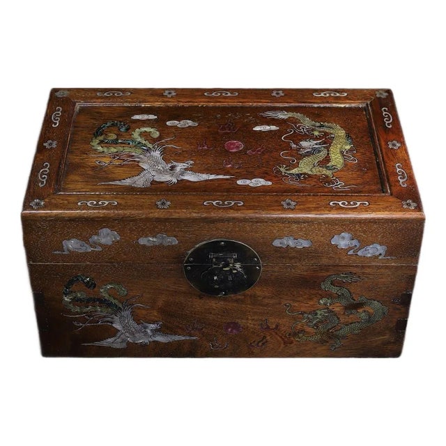 Huali Rosewood Box Inlaid With Mother-of-Pearl Dragon & Phoenix For Sale