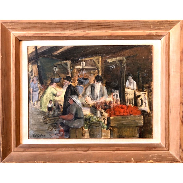 Judaica Market Scene, Shuk, European Hasidic Rabbi Oil Painting, c.1930s For Sale