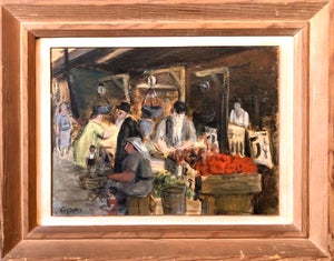Judaica Market Scene, Shuk, European Hasidic Rabbi Oil Painting, c.1930s