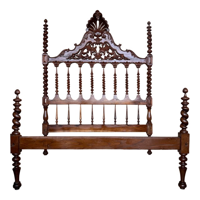 19th Century, Baroque Queen Bed, Original Four Turned Poster Spanish Bed For Sale