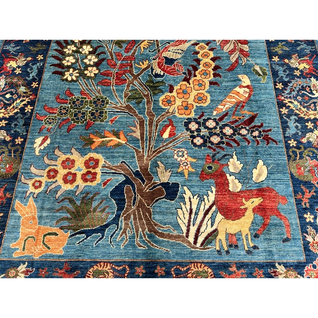 Blue Afghan Pictorial Tree of Life Hand-Knotted Wool Rug - 9'9" X 6'7" For Sale - Image 11 of 17