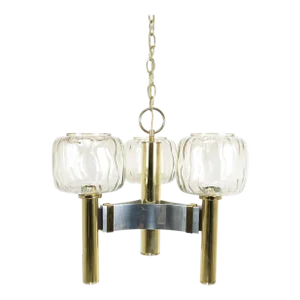 Vintage Brass and Chrome Pendant Light With 3 Glass Shades Attributed to Gaetano Sciolari