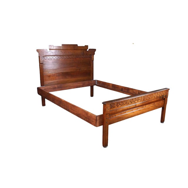 Victorian Antique 19th Century Victorian Eastlake Carved Oak Queen Size Bed Frame For Sale - Image 3 of 18
