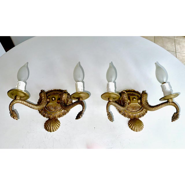 Pair Neoclassic Dolphin Shell Brass Wall Sconces For Sale - Image 12 of 13