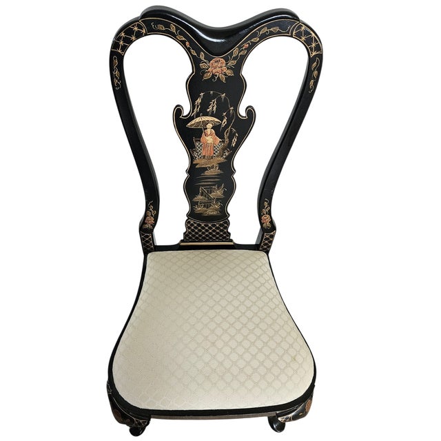 Black Vintage Custom Dining Room Side Chairs Chinoiserie Black Lacquer Pan Asian- a Pair For Sale - Image 8 of 11