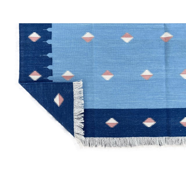 Casa Cosima Handmade Cotton Natural Vegetable Dyed Reversible Sky Blue Orange Star Rug Dhurrie - 10'x14' For Sale - Image 4 of 12