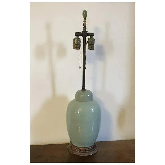Antique 19th Century Chinese Monochrome Porcelain Jar Vase Urn With Incised Decoration and Celadon Glaze Mounted as a Lamp For Sale - Image 12 of 13