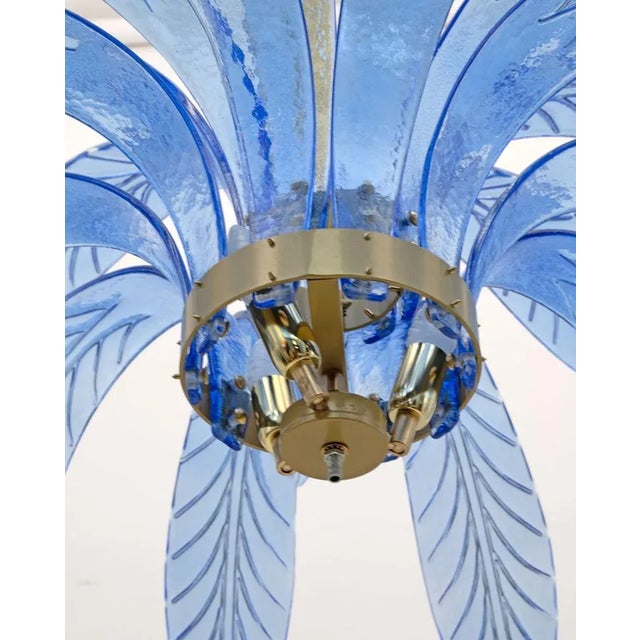 Blue Mid-Century Modern Palm Leaves Chandelier in Light Blue Murano Glass and Brass, 1970 For Sale - Image 8 of 9