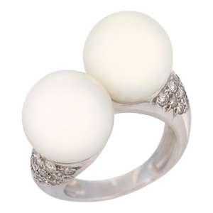 French Vintage Cultured Pearl Diamond 18k White Gold Toi Et Moi Ring, Size 6.5