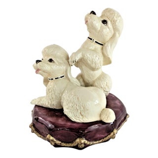 Vintage Ceramic Pair of White Poodles on a Pillow For Sale