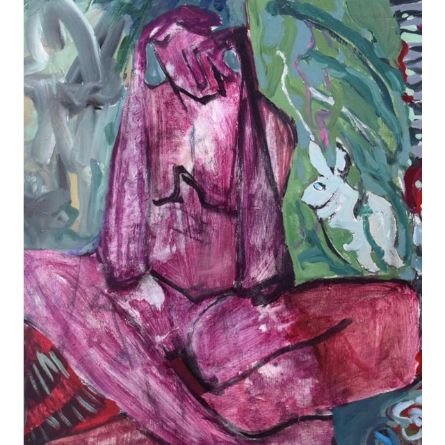 Abstract Vintage Mid Century Modernist Figurative Abstract Painting of a Nude With a Rabbit For Sale - Image 3 of 8