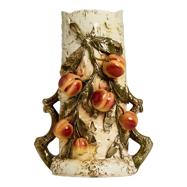 Monumental Art Nouveau Josef Strnact Majolica Vase With Peaches, Bohemia For Sale