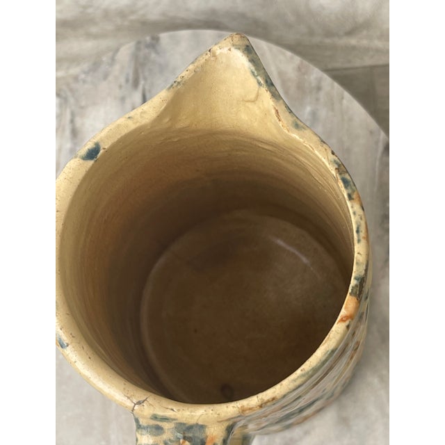19th Century Antique Spongeware Stoneware Pitcher - Blue & Ochre Salt Glaze For Sale In Boise - Image 6 of 10