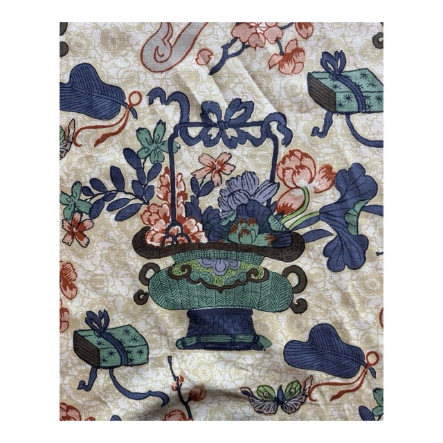 Custom Made Designer Hand Printed Chinoiserie Linen Fabric 3.5 Yards Vintage Blue Green Floral Vase Designer Estate Textile For Sale