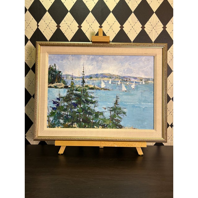 Impressionist Coastal Harbor Oil Painting With Sailboats, Framed 24" Signed Eileen Kelly For Sale - Image 15 of 15