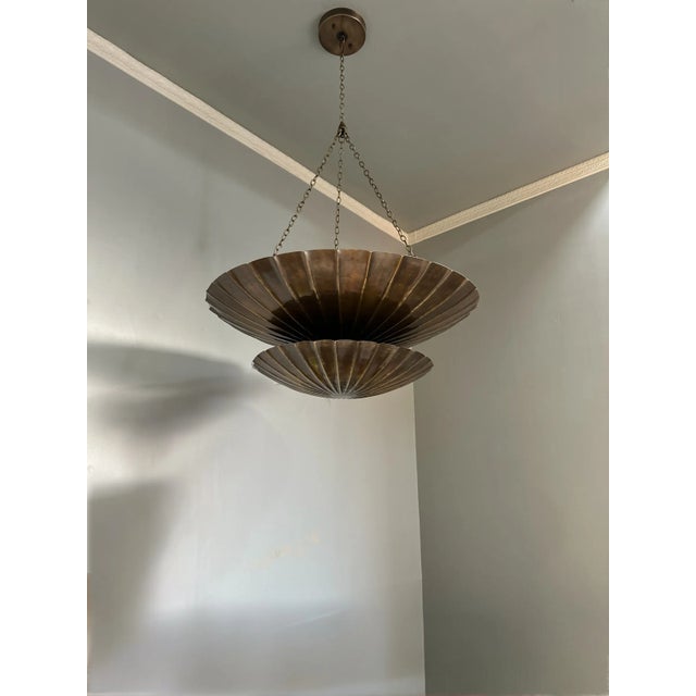 Vintage Brass Shell Pendant Chandelier – Two-Tier Mid-Century Modern Ceiling Light Fixture For Sale - Image 4 of 7
