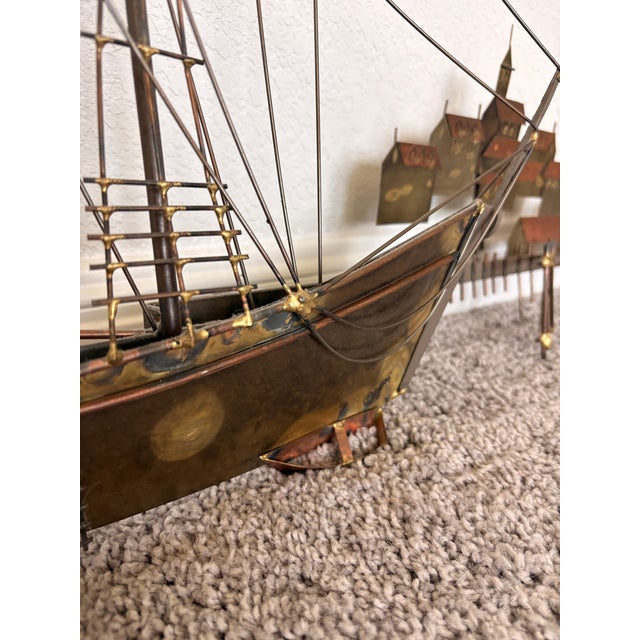 1970s 1970s Signed Curtis Jere Mid-Century Modern Sailing Ship & Harbor Village Wall Sculpture For Sale - Image 5 of 9