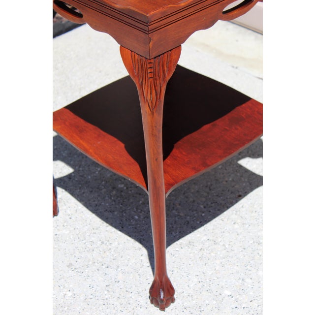 Vintage Georgian Style Mahogany Tray Top Side Table, Circa 1950s–1970s | Ball & Claw Feet | Carved Cabriole Legs | Butler’s Table | 18” Square For Sale - Image 11 of 17