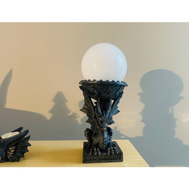 1980s Black Resin Dragon Table Lamps with Candleholder, 1980s, Set of 2 For Sale - Image 5 of 17