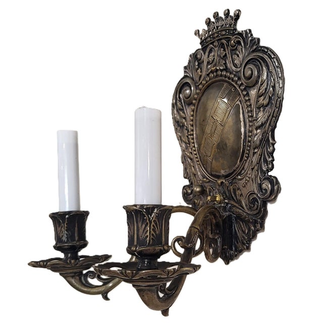 Pair Antique American Coat of Arms Crown Silver Plate Bronze Wall Sconces C&A For Sale - Image 4 of 17