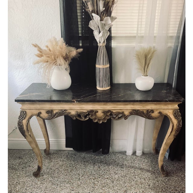 Hollywood Regency Vintage French Provincial Marble Top Console Table For Sale - Image 3 of 8