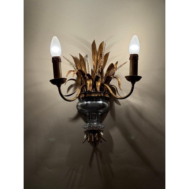 Wall Lamp with Ears of Wheat Crystal Gold and Silver Leaf from Maison Bagues, 1960s For Sale - Image 11 of 12