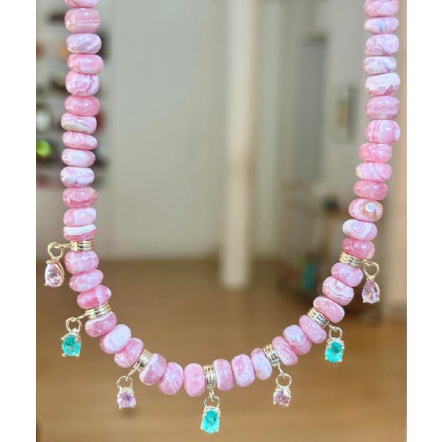 2020s Rhodochrosite Rondelle Fringe Necklace With Pink Spinel, Emeralds & 14k Gold For Sale - Image 5 of 12