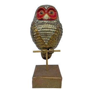 Brass and Hand Painted Paper Mache Owl Sculpture, Sergio Bustamante, 1970's For Sale