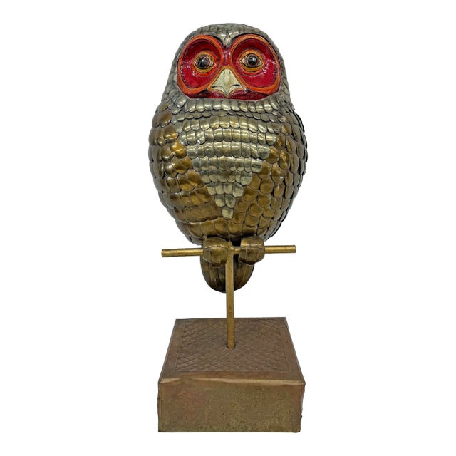 Brass and Hand Painted Paper Mache Owl Sculpture, Sergio Bustamante, 1970's For Sale