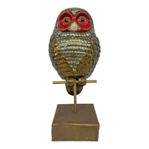 Brass and Hand Painted Paper Mache Owl Sculpture, Sergio Bustamante, 1970's