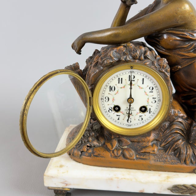 Brown Antique Mechanical Pendulum Clock in Metal with Marble, 1890s For Sale - Image 8 of 15