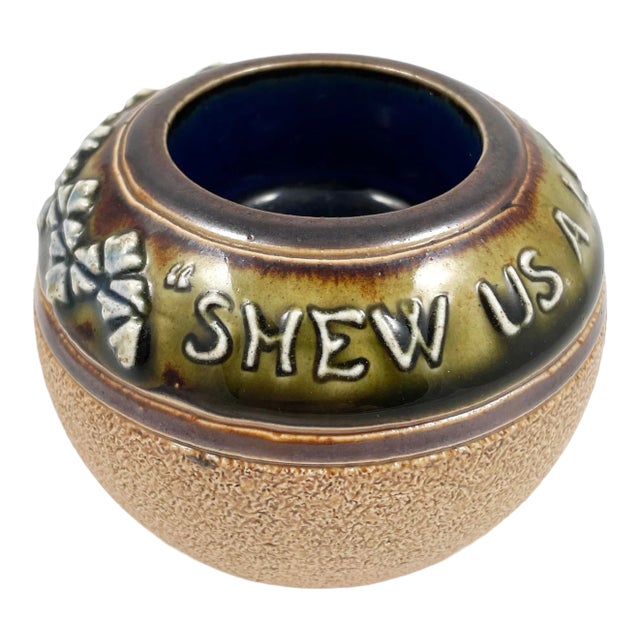 Antique Doulton Lambeth Stoneware Match Striker – “Shew Us a Light” Victorian Ceramic Tobacciana Pre-1900 For Sale