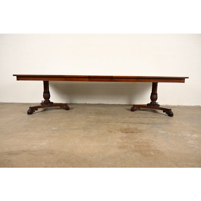 English Baker Furniture Regency Banded Mahogany Double Pedestal Extension Dining Table, Newly Refinished For Sale - Image 3 of 15